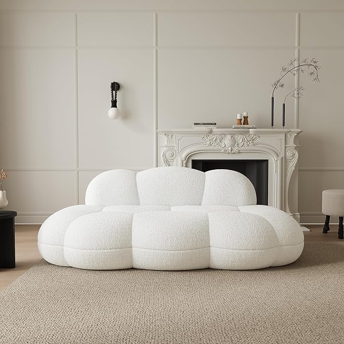 Cloud Shaped Floor Couches for Living Room 90 Curved Boucle Sofa Comfy Compressed Couch Deep Seat Loveseat Sofa for Bedroom Apartment Small Space (White)