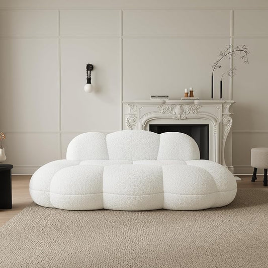 Cloud Shaped Floor Couches for Living Room 90 Curved Boucle Sofa Comfy Compressed Couch Deep Seat Loveseat Sofa for Bedroom Apartment Small Space (White)