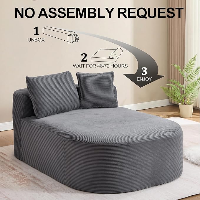 46 Chaise Lounge Chair Indoor Cloud Sleeper Sofa Bed with Pillows Corduroy Upholstered Sofa Couch for Living Room Apart No Assembly Required Gray