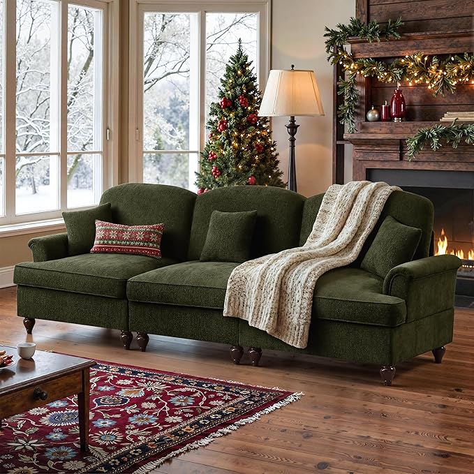 107 Modular Sectional Sofa for Living Room Comfy Chenille 3 Seat Couch with Detachable Ruffled Skirt Flared Arms Spindle Legs Traditional Sofa for Living Room Apartment(Green)