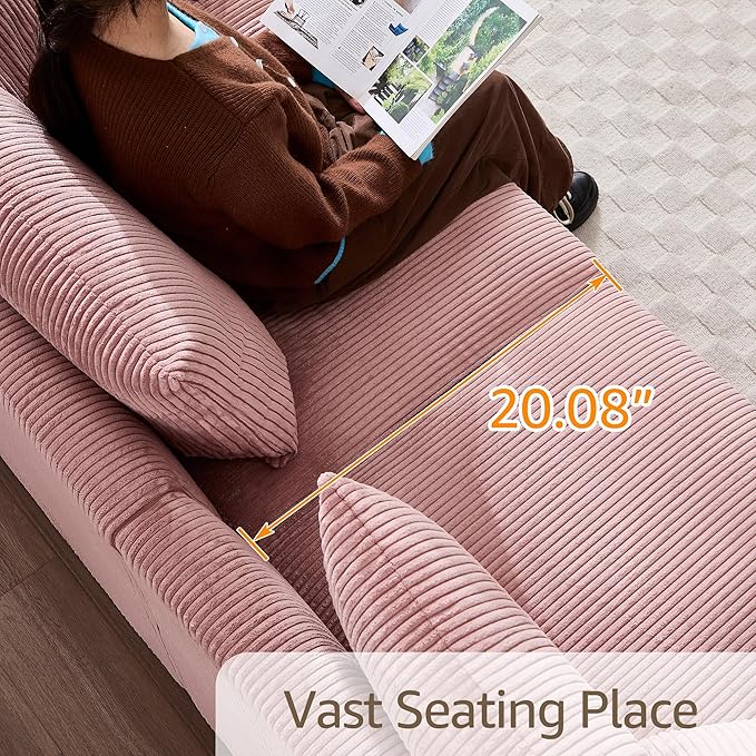 Modern Corduroy Sofa 88.5 inch Wide Living Room Couch with Wide Arms 3-Seater Living Room Couch with Throw Pillows Pink