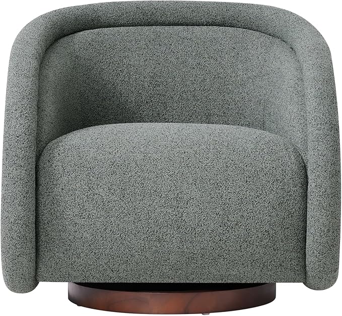 Scott Living Sabbo Green Bouclé Swivel Chair with Walnut-Finished Solid Wood Base Comfy Swivel Accent Chair Upholstered Lounge Sofa Chair for Living Room/Bedroom Gray Green + Walnut