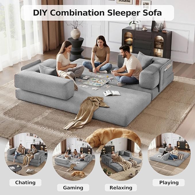 98.4'' Boneless Sleeper Sofa BedConvertible Futon Couch with Storage Pocket and 2 PillowsModular Corduroy Sofa for livingroomSmall speaceGray