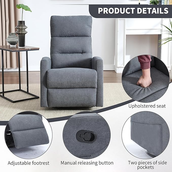 360° Swivel Rocking Chair for Nursery Manual Glider Chair Nursing Chair with Side Pockets Polyester Glider for Living Room Heavy Duty Motion Mechanism Gray