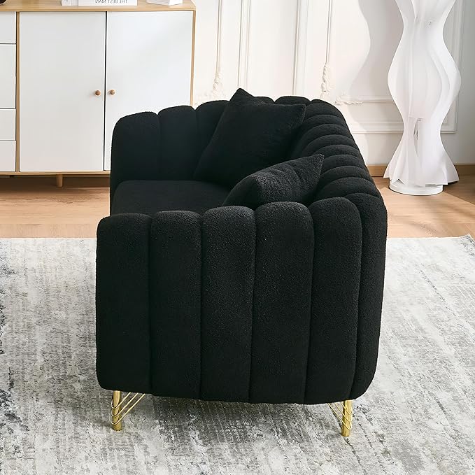 Black Cloud Couch for Living Room 63.5 Modern Comfy Overstuffed Deep Seat Tufted Sofa with Gold Legs &amp Pillows Plush Teddy Boucle Upholstered Curved Loveseat Settee with Round Arm (Black 2 Sea