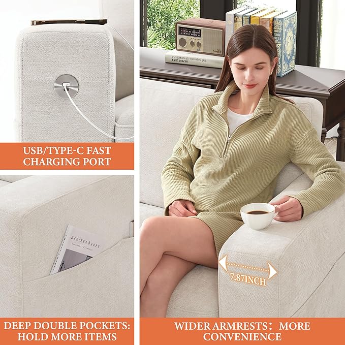 Ihanherry 89 Modern Sofa Cloud Couch Chenille Deep Seat Sofa with Removable Cover for Living Room Bedroom and Apartment Beige