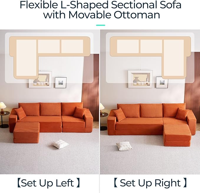 LINSY HOME Oversized Convertible Sofa Bed with 2 Pillows &amp Ottoman Corduroy Boneless Couch Folding Modular Sleeper Sofa L Shaped Couch Floor Sofa for Living Room Apartment Upgrade Backrest (Ora