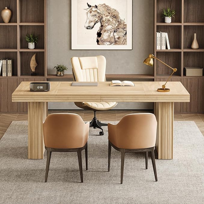 Tribesigns 63 Executive Desk Modern Executive Office Desk with Thickened Desktop and Heavy-Duty Legs Wood Writing Workstation Study Table Conference Table for Office Natural
