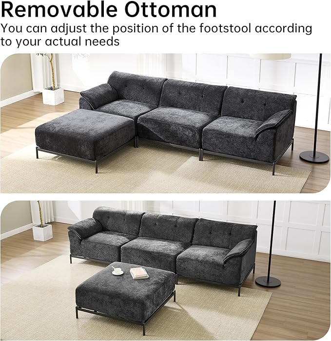 VKNOW 106 Couches for Living Room Modular Sectional Sofa with Wide Armrests and Solid Iron Frame Compressed Couch for Living RoomOfficeChenille FabricL-ShapedBlack