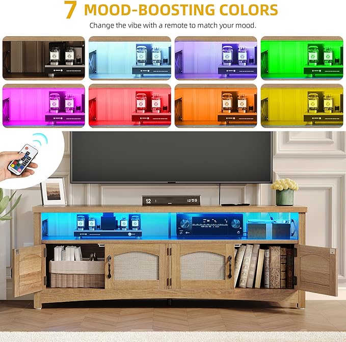 DWVO Farmhouse TV Stand for 65 inch TVs LED Entertainment Center with Storage TV Console with Power Outlets Wooden Bar Coffee TV Table with Shelves for Living Room (Oak)