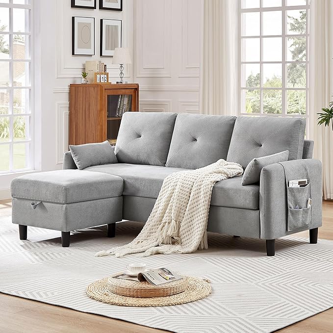 Convertible Sectional Sofa 77 Small L Shaped 3 Seat Couch with Reversible Storage Chaise Modern Polyester Fabric Sofa Couches for Living Room Apartment and Small Space Light Grey