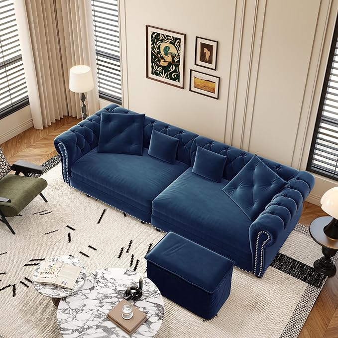 3-in-1 Pull Out Sofa Bed - 89 King Size Convertible Sleeper Sofa Large Velvet 3-Seater Sofa with Movable Ottoman Sleek Rivet Detailing Tufted Design Pull Out Couch (Blue)