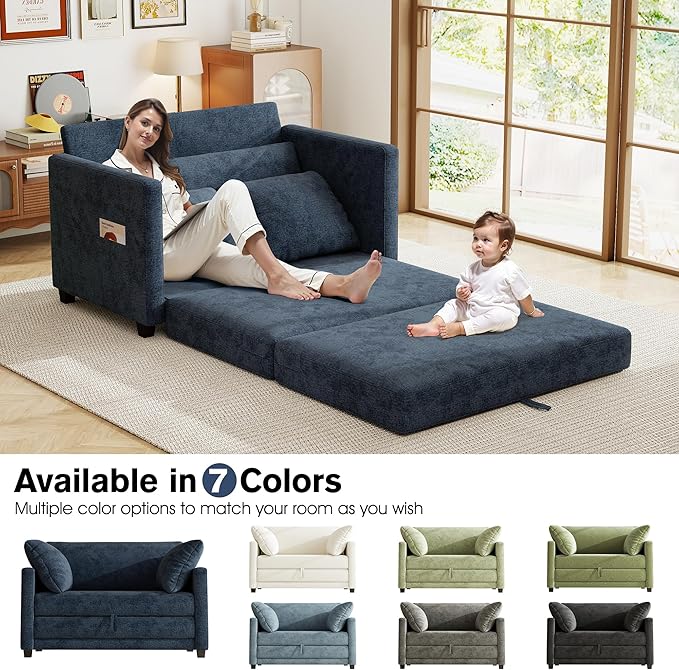 51 Loveseat Sleeper Sofa Bed Chenille Convertible Floor Sofa Bed for Small Spaces Folding Couch Bed with Deep Seat 2 Pillows &amp Solid Frame Pull Out Floor Couch for Living Room Blue