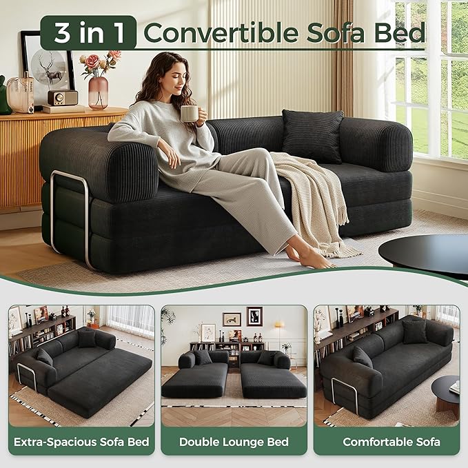 78.5'' Convertible Folding Sofa Bed – 4-in-1 Modular Floor Couch Corduroy Small Cloud Couch Compressed Foldable Sleeper Sofa King Size Futon for Bedroom Guest Room (Black-02)