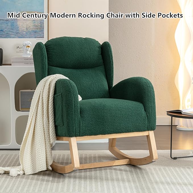 Setawix Teddy Rocking Glider Chair for NurseryUpholstered Living Room Rocker Arm ChairLeisure Sherpa Wingback ArmchairMid Century Modern Rocking Accent Chair with Side Pockets (Wingback Green)