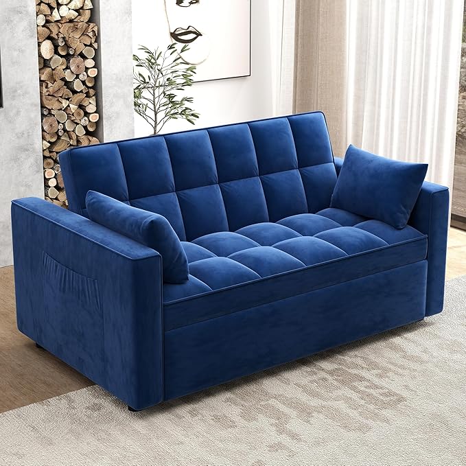 Sleeper Sofa Couch Bed 55.9'' Convertible Velvet Loveseat 3 in 1 Pull Out Sofa Bed with Toss Pillows Pockets Furniture for Living Room Blue