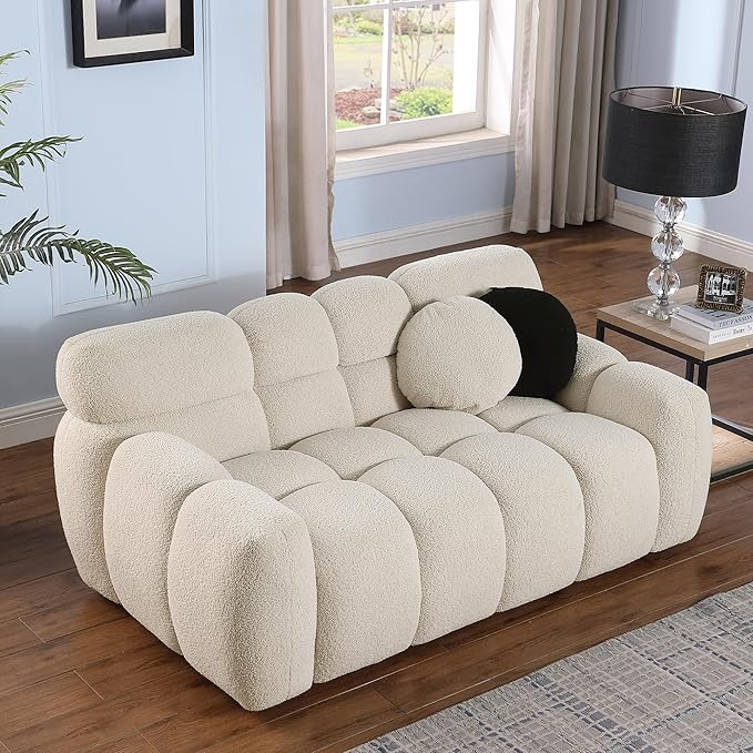 GNIXUU 65” Boucle Cloud Sofa Modern Tufted loveseat Sofa Couch with 2 Pillows Comfy Marshmallow Couches for Small Space Bedroom Apartment Office(Beige)