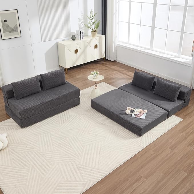 GNIXUU Fold Out Couch 3-in-1 Convertible Futon Sofa Bed with 2 Pillows Corduroy Foldable Floor Chair Boneless Loveseat Couches for Living Room Bedroom Small Spaces Gray
