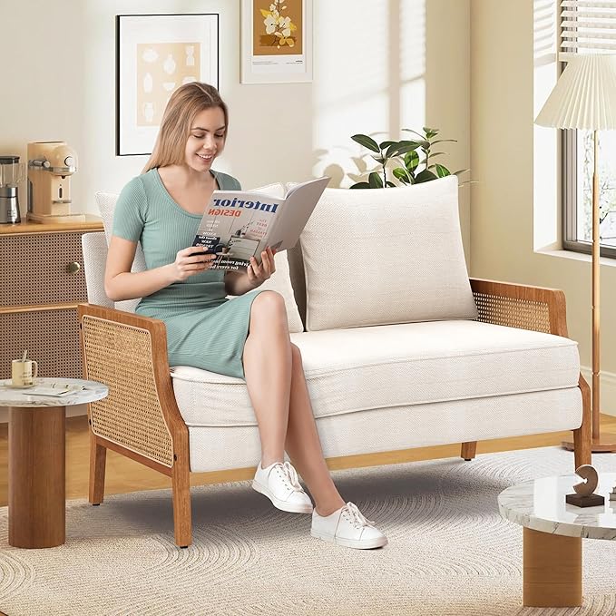 Aklaus 45 W Fabric Small Beige loveseat with Natural Rattan ArmsUpholstered Modern Mini Sofa Linen Couch Love Seat Settee Bench with Back for Living Room Bedroom Office Small Space Entryway Ivy