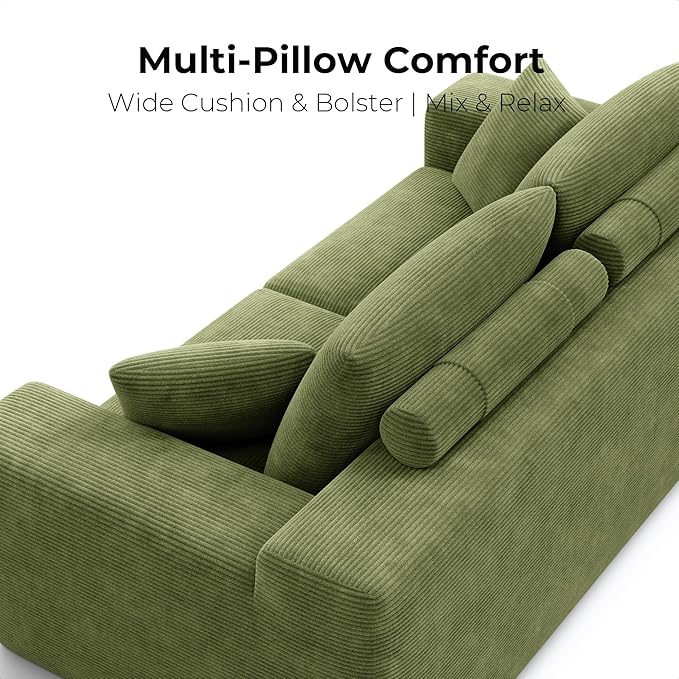 LIKIMIO 78 Loveseat Sofa in a Box Cloud Boneless Couch for Living Room with Comfy Deep Seat No Assembly Required Modern Upholstered Corduroy Sofa Apartment Home Office Green
