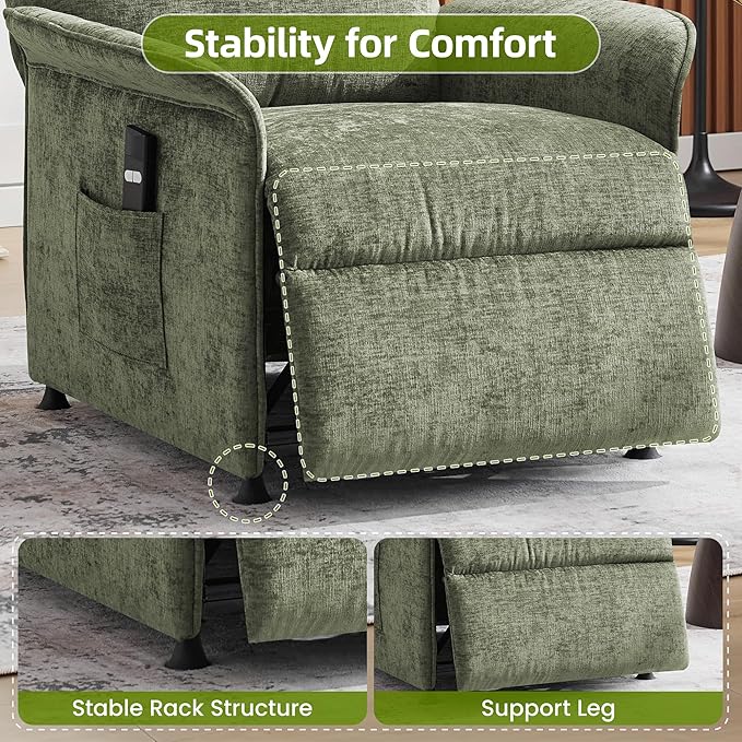 Power Recliner Chair with Remote Control 21 Wide Seat Small Recliners with Side Pocket for Adults Thick Cushions Chair for Living Room &amp Bedroom Green
