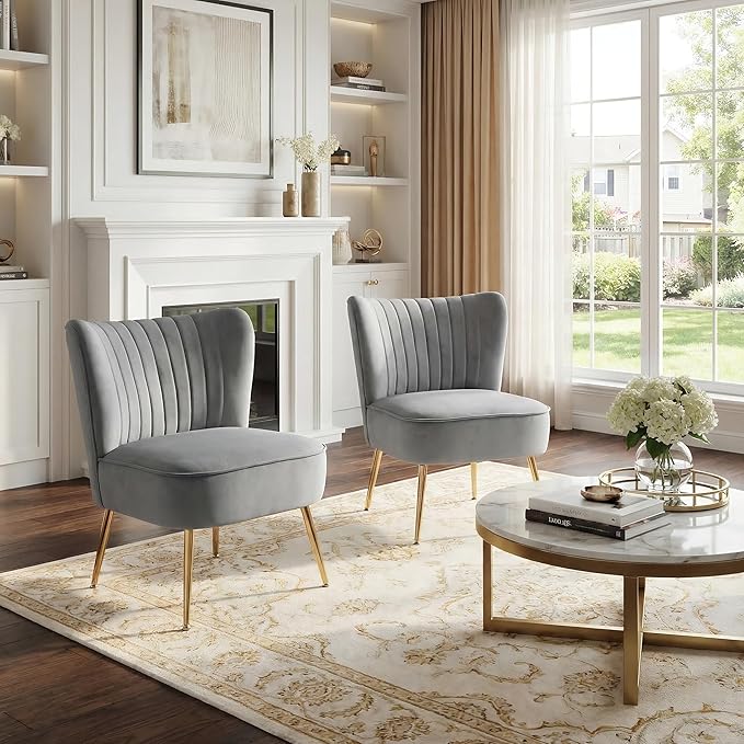 DUOMAY Modern Accent Chair Set of 2 Velvet Slipper Chair with Gold Legs Wingback Side Chair for Living Room Bedroom Entryway Small Corner Chair for Space Saving Grey