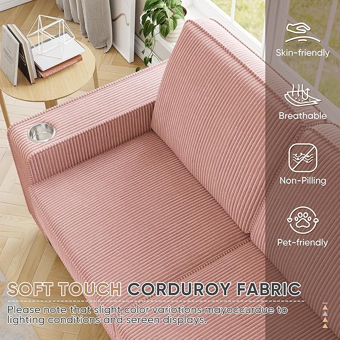 83.86 Corduroy 3-Seater Sofa with Extra Deep Seat Modern Cloud Couch with 2 Cup Holders Comfy Upholstered Sofa for Living Room Apartment &amp Office Pink