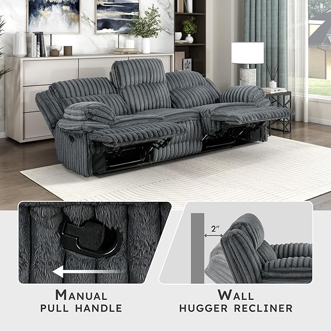 Lexicon Manual Double Reclining Sofa Corduroy Manual Wall Hugger Recliner Couch Pillow Top Arms Plush Foam Cushions Over Pocket Coils Cozy Reclining Sofa for Living Room Dark Gray