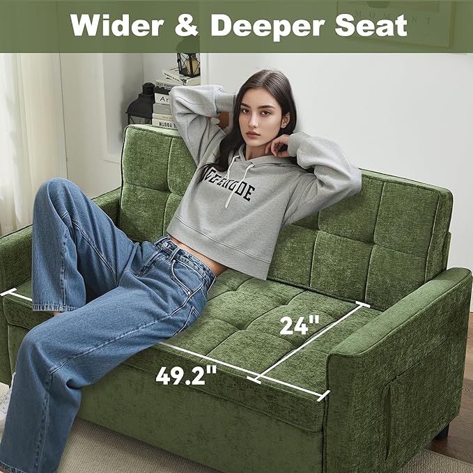 Tbfit 57 Convertible Sofa Bed Chenille Futon Sleeper Sofa Couch with Pullout Bed USB &amp Adjustable Backrest Queen Size Pull Out Loveseat Couches for Living Room Apartment Office Dorm Green