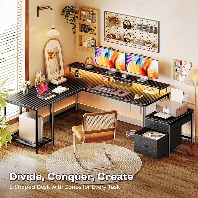 PRAISUN 66 L Shaped Gaming Desk with LED Lights &amp Power Outlets Computer Desk with Fabric Drawers and Print Stand Corner Office Desk Monitor Stand Mesh CPU Stand Carbon Fiber Black