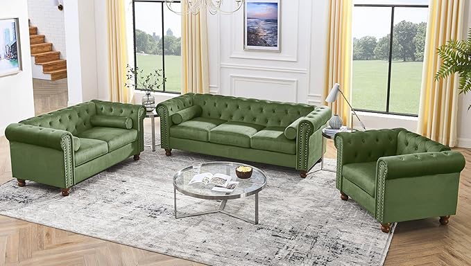 Velvet Chesterfield Chair Club Chair Tufted Single Sofa Couch for Living Room Accent Armchair with Nailhead Trim Green