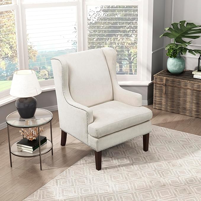 Lexicon Modern Accent Chair Textured Fabric Upholstered Arm Chair High Wingback and Nailhead Trim for Living Room/Bedroom/Office Beige