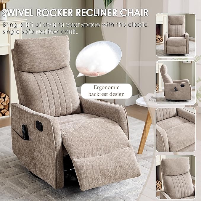 Small Swivel Rocker Recliner Chair for Nursery Heat &amp Massage Manual Upholstered 360° Fabric Glider Chair Small Recliners for Small Spaces Living Room (Khaki)
