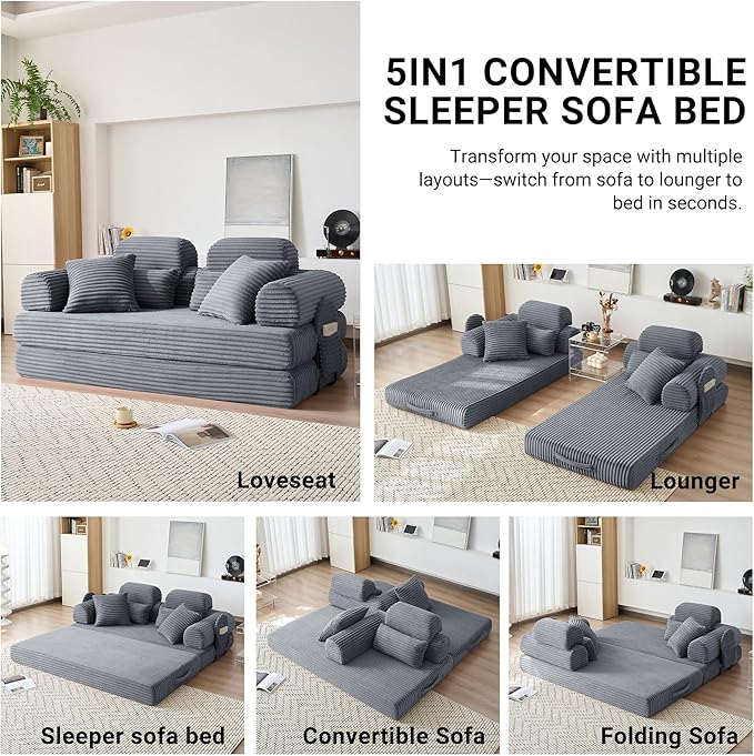 79'' High Backrest 5 in 1 Convertible Sofa Bed Modular Corduroy Couch with Fixed Frame &amp Removable Armrests No Assembly Floor Sleeper Sofa for Modern Living (High Backrest Dark Gray) | Convertib