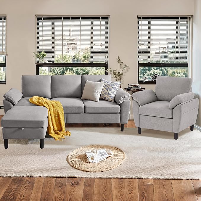 Sectional Sofa Set 2 Pieces 3 Seat L Shape Couch with Ottoman and Accent Chair Sofa Set Polyester Fabric for Living Room Light Grey