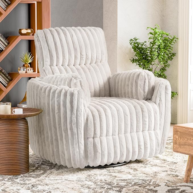 Furniture of America Vyrinor Modern Chenille Power 220° Swivel Recliner Chair with Pillows Reclining Glider Comfy Sofa Wooden Comfortable Couch for Living Room Nursery Home Theater White