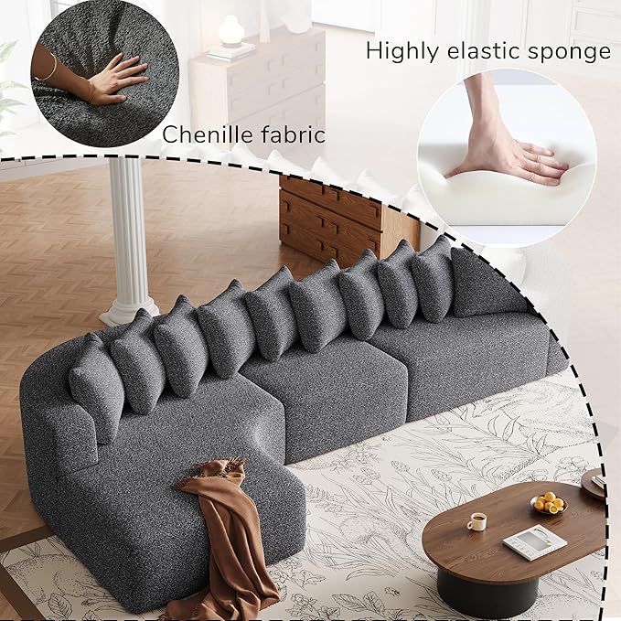 131 Boneless Chenille Sectional L-Shaped Sofa Modern Cloud-Shaped Curved 3-Seater Sofa Includes 10 Pillows Living Room Fabric Corner Couch (Grey 131” Left Chaise)
