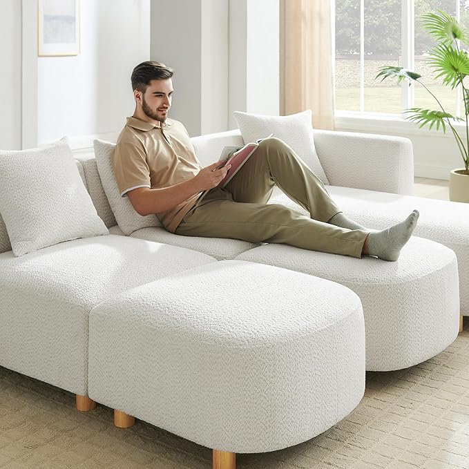 VANOMi 109.84 Modular Sectional Sofa with 3 Pillows Convertible 5-Seater Comfy Boucle Cloud Couch with Ottoman Modern Sectional Sofas for Living Room Office Apartment (White)