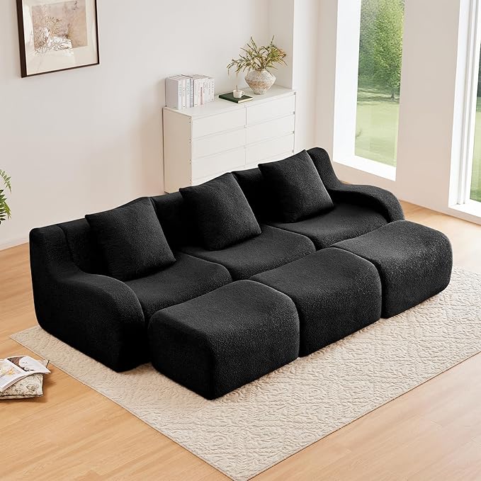 115.3'' Modular Sectional Sofa Boneless Couch U Shaped Sectional Couches for Living Room with Deep Seat and Ottoman Oversized 3-Seater Teddy Cloud Couch Sleeper Sofa Set No Assembly Black