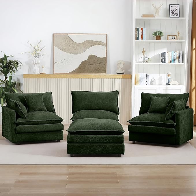Green Sectional Modular Sofa Cloud Couch 105 Modern Convertible L-Shape Sofa Deep 3-Seater Soft Chenille Comfy Upholstered with Removeable Ottoman Set and Removable Cushions for Living Room