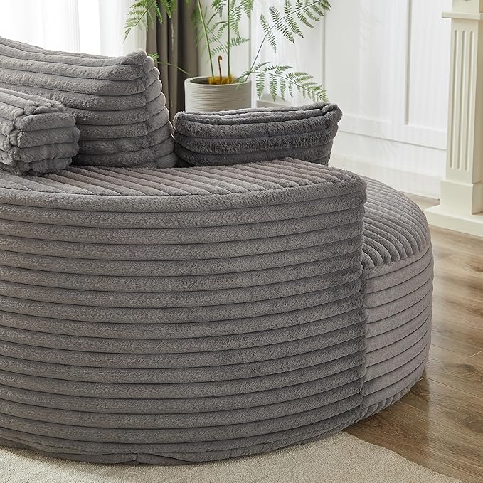 55 Oversized Round Chair Cozy Corduroy Upholstered Circle Round Sofa Deep Seat Accent Chair for Living Room Bedroom &amp Reading No Assembly Required Grey