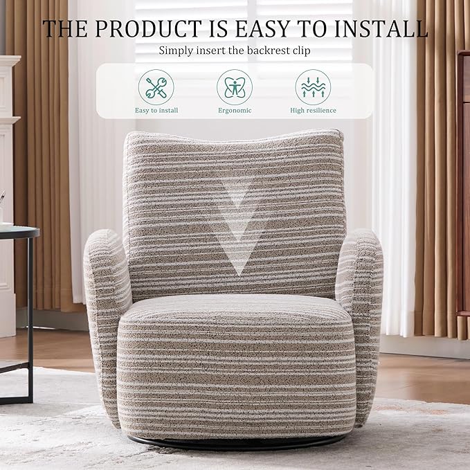 Modern Boucle Upholstered Accent Swivel Barrel ChairLeisure Club Lounge Chair with Sand-Rimmed Fabric and Metal Bracket for Living Room Bedroom Home Office (Khaki Boucle)
