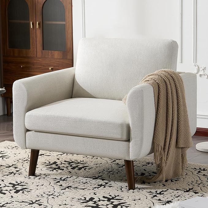 ELUCHANG Accent Chair Set of 1 Oversized Mid Century Modern Arm Chair Soft Linen Fabric Sofa Chairs Upholstered Comfy Chair for Living Room Bedroom Apartment (Creamy White)