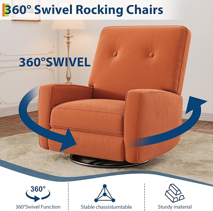 GarveeHome Recliner Chairs Swivel Rocker Recliner Glider Recliner Nursery Chair for Adults 360° Swivel Glider Rocking Chair for Living Room Bedroom Office RV Small Spaces Corduroy Orange