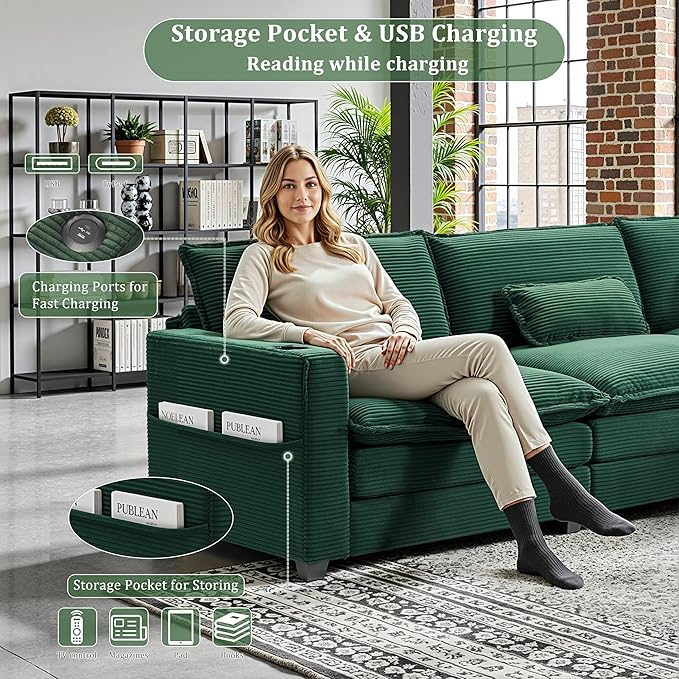 99 Modular Sectional SofaCouches for Living RoomModern Modular L-Shape Sofa with Ottoman &amp Side Pocket Cloud Sectional CouchCorduroy Oversized Sleeper Sofa with USB Port &amp Cup Holder (Gree