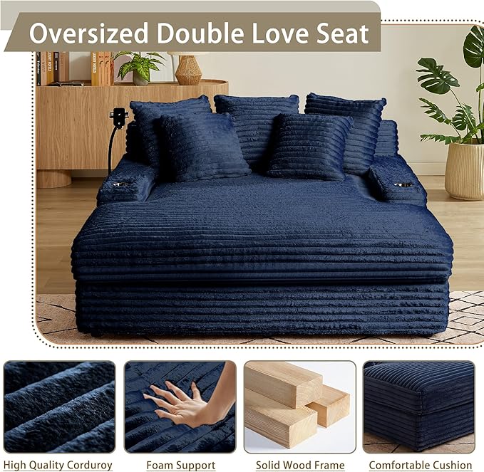 65.35 Oversized Chaise Lounge Chair for 2 Upholstered Sleeper Sofa Bed with Cup Holders | Charging Station | Removable Backrest | Backrest Pilow Fluffy Chair Sofa Couch for Living Room