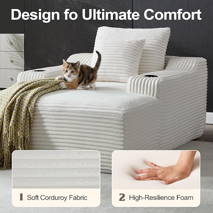 Chaise Lounge Chair Indoor Cloud Sofa Bed with Cup Holders Corduroy Upholstered Couch with 17.71 Seat High Lazy Sofa Bed for Living Room Apart Fully Assembled - White