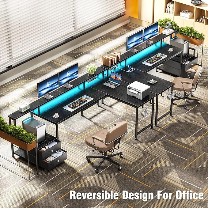 66'' L Shaped Gaming Desk with Drawers and Storage Shelves Reversible Corner Desk with Power Outlets and Host Stand Large Computer Desk with Led Lights for Gaming Work Home Office Black