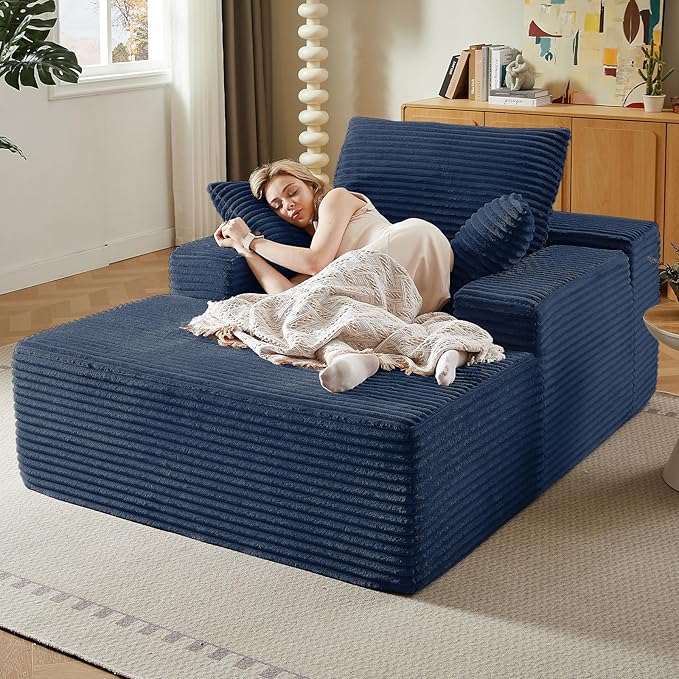 50 Oversized Chaise Lounge Chair IndoorCorduroy Boneless Reading Chair with 3 PillowsDeep Seat Cloud Sofa BedComfy Modern Sleeper Chairs in Box for Living Room BedroomNo Assembly(Blue)