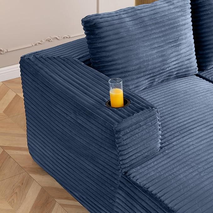 132” Oversized Modular Sectional Sofa Modern Comfy Corduroy U Shaped Couch with Cup Holders Boneless Compressed Memory Foam Cloud Couch for Living Room Office No Assembly Requiredm Blue